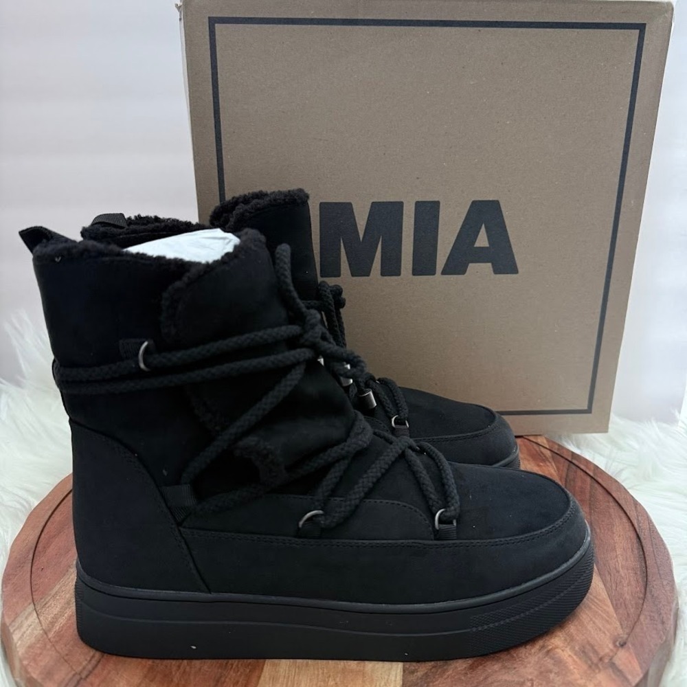 MIA Disa Black Women 7.5M Faux Suede Faux Fur Lined Platform Lace Up Boots NEW